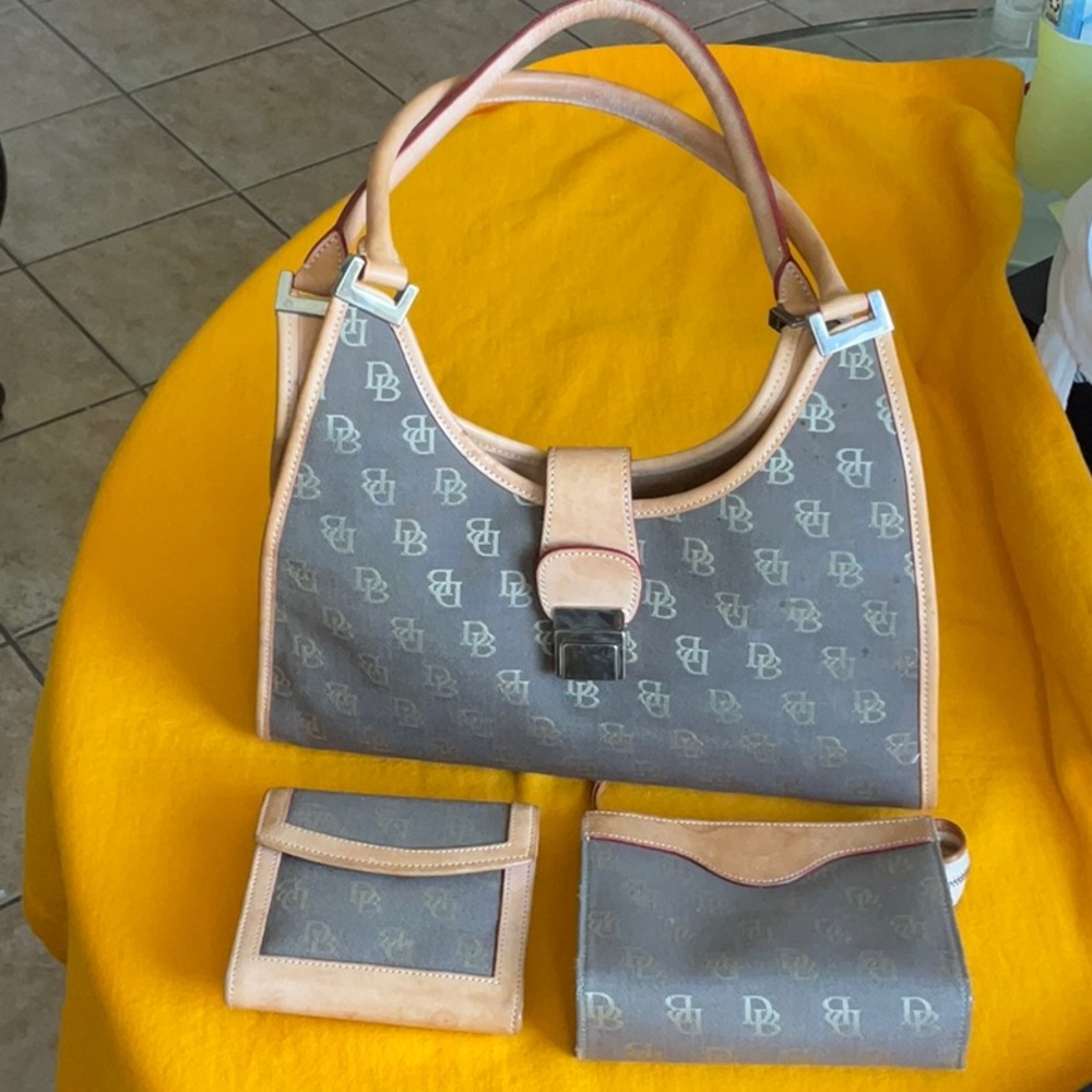 Dooney & Bourke Vintage Set of 3 Taupe Canvas & Tan Leather Bags, Preowned